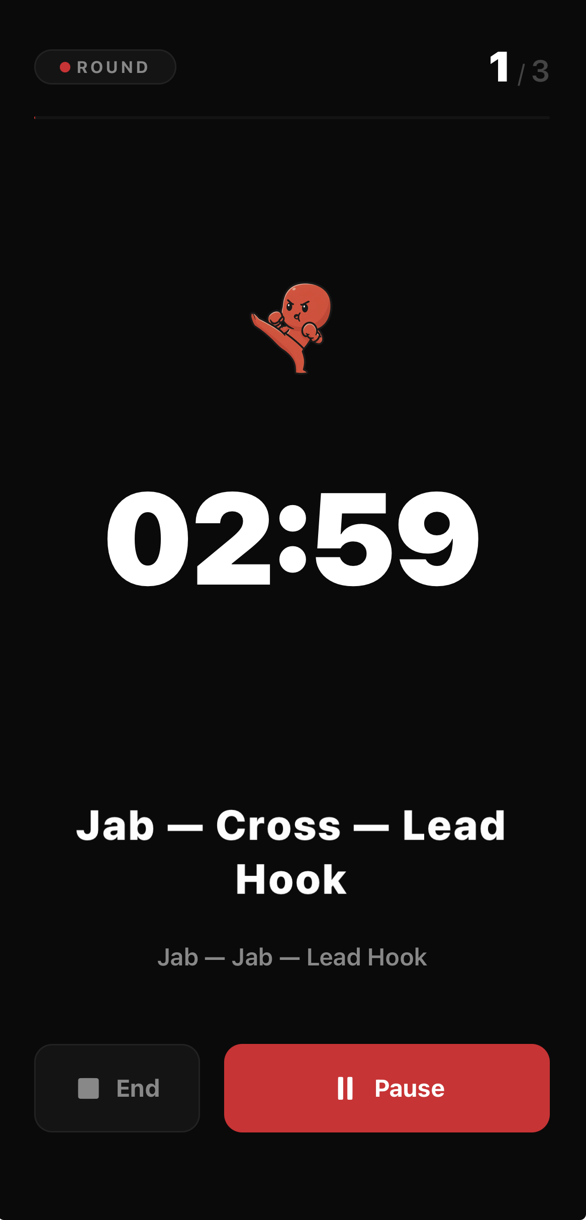 Bagwork app round timer screen showing the current combo